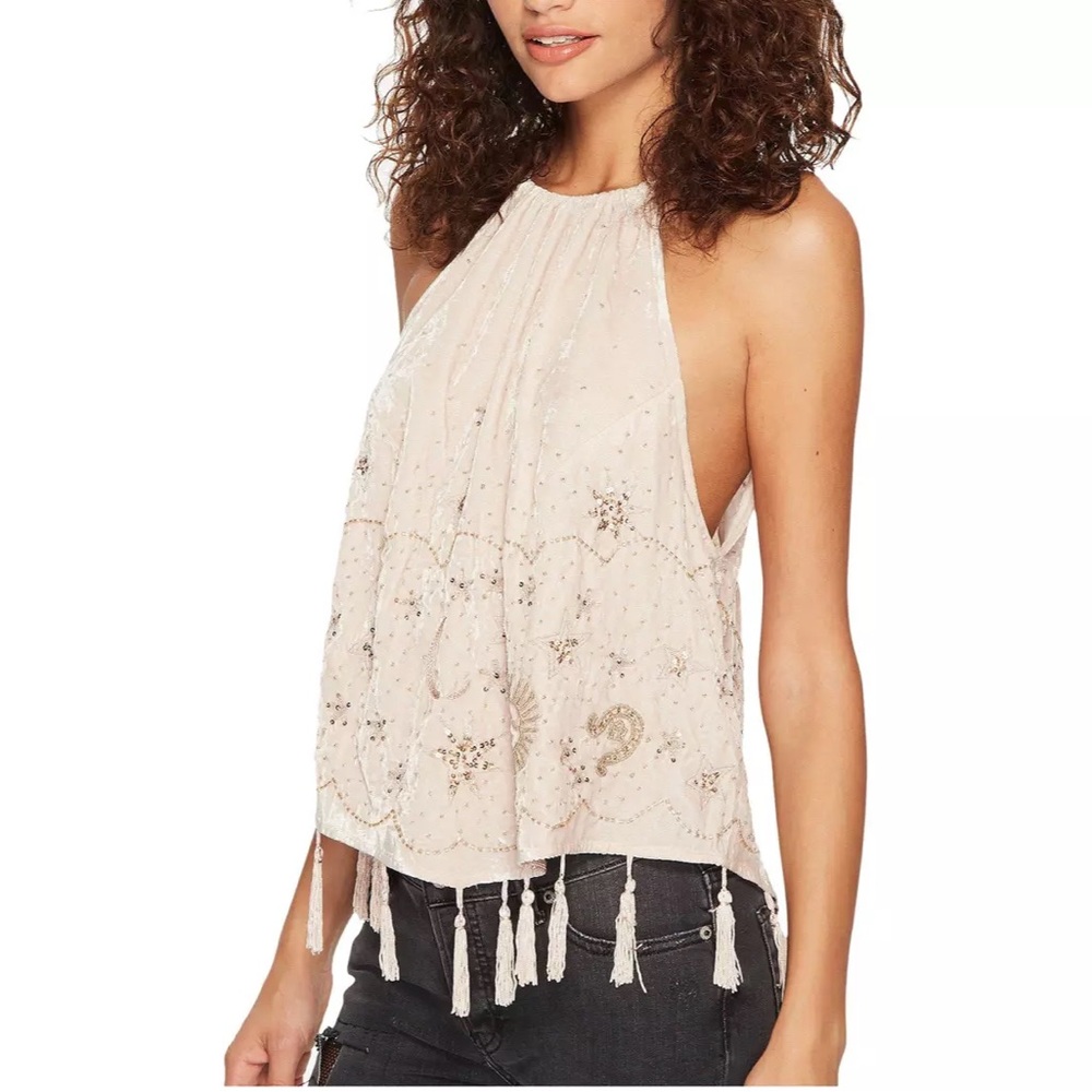 Free People Embellished Velvet Midnight Magic Tank Top in Blush
